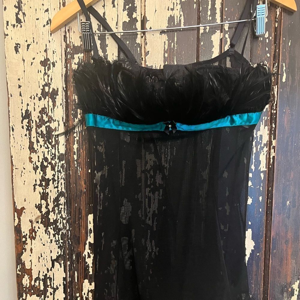 Vintage Shirley of Hollywood Lace and feather sheer teddy lingerie. Size M.